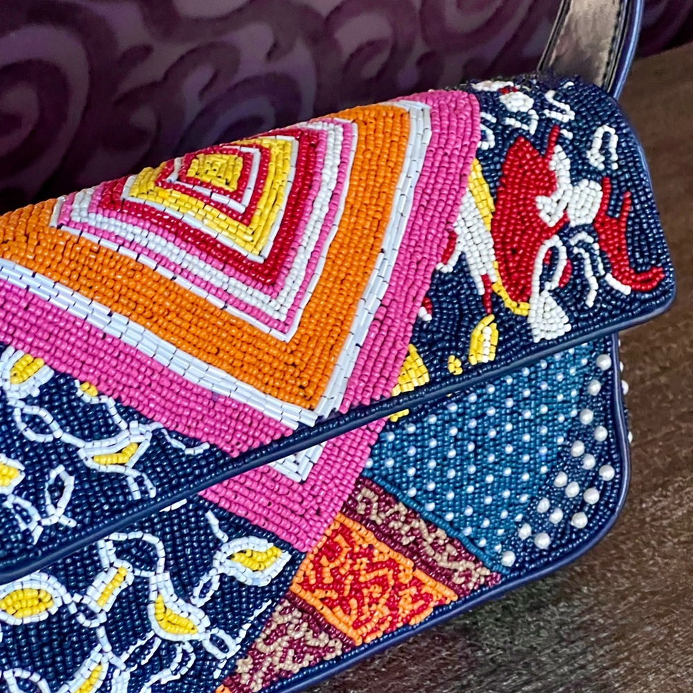 🌺🎉HP🎉🌺 NWOT Staud Beaded Tommy Shoulder Bag Patchwork Foulard 🌟Rare Find🌟 - Picture 6 of 16